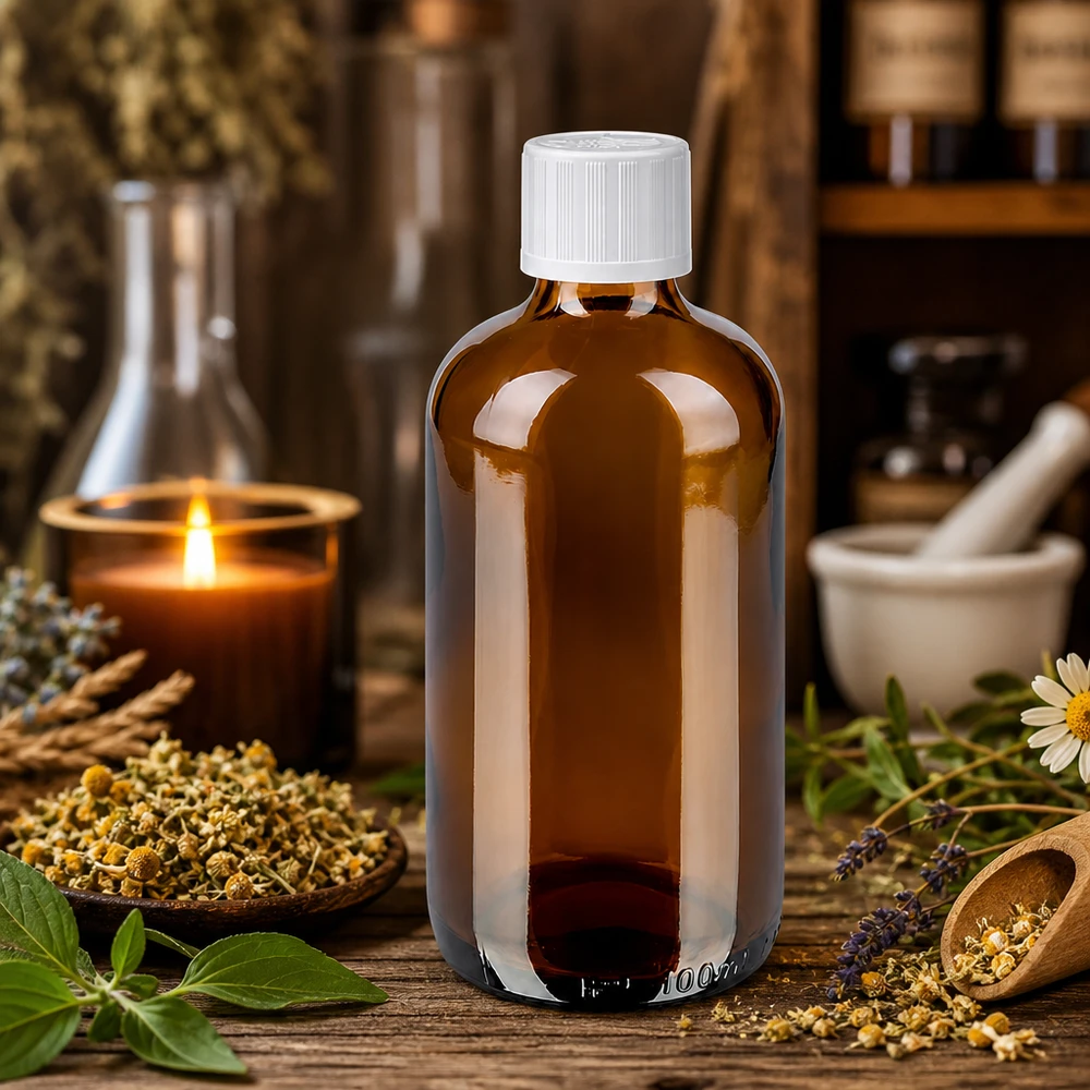 100ml Apothekenflasche Braunglas Kindersicherheitsverschluss mit Kamille getrocknete Heilkräuter