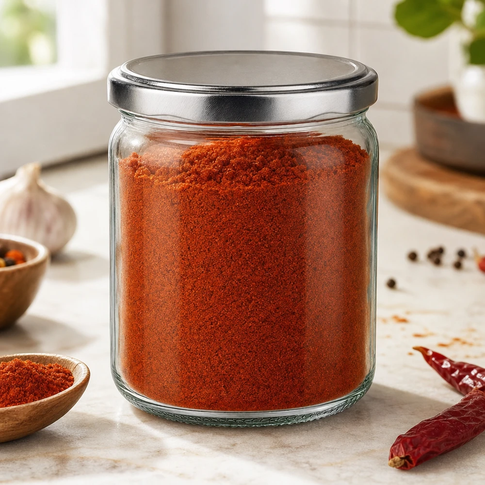 408ml Rundglas mit BasicSeal Deckel silber UNiTWIST 408ml Rundglas mit BasicSeal Deckel silber gefüllt mit rotem Gewürzpulver Paprika in moderner Küche Gewürzglas