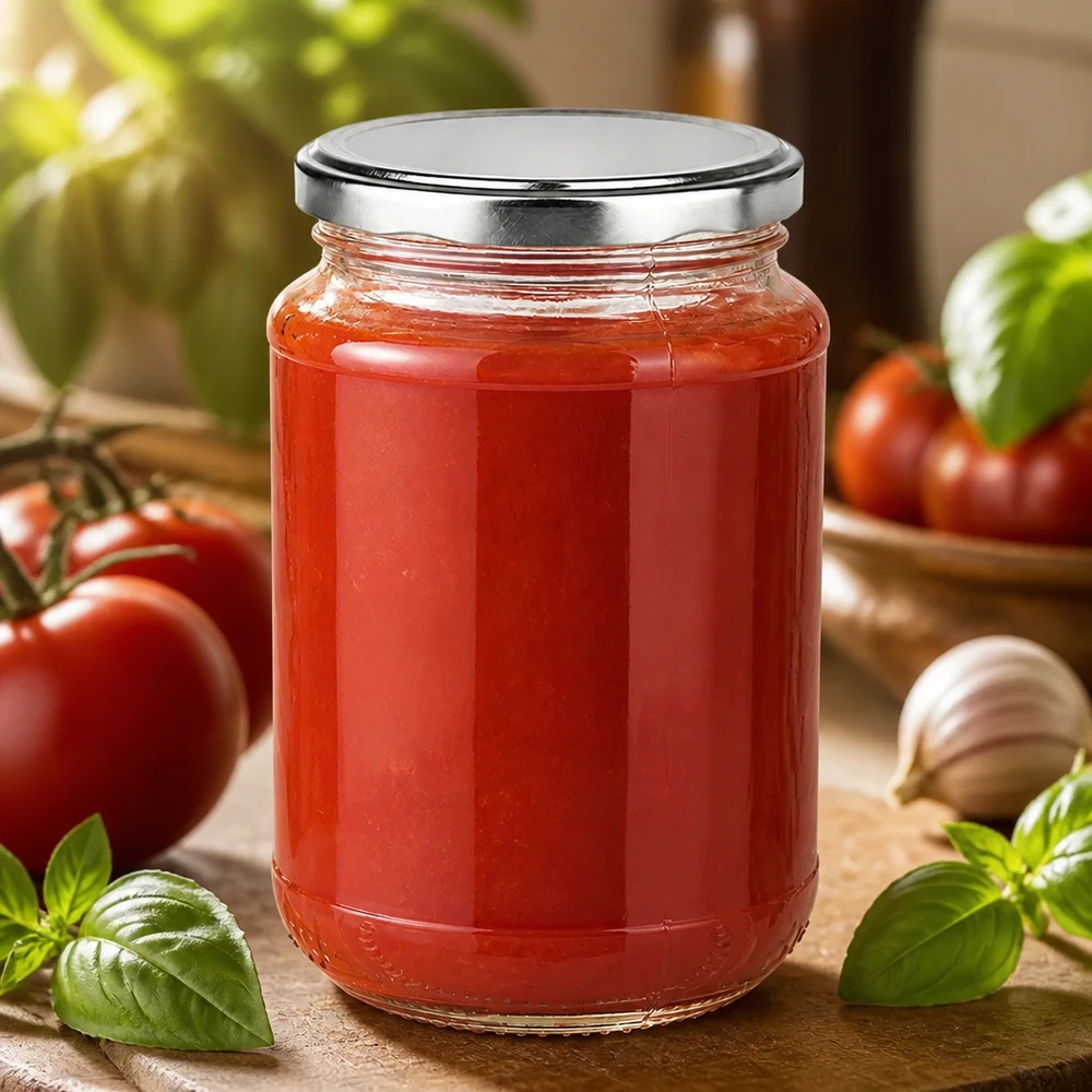320ml Rundglas + BasicSeal silber UNiTWIST Luftdicht versiegeltes 320ml Rundglas BasicSeal silber mit roter Tomatensoße auf Holzbrett