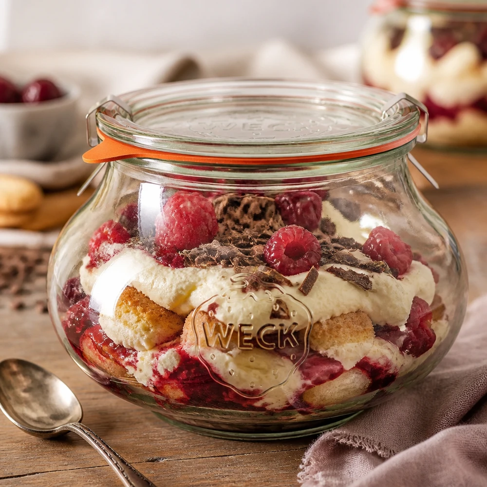 WECK Schmuckglas 1062ml RR100 als Dessertglas mit Schichttrifle Beeren und Sahne Nachtisch im Einmachglas