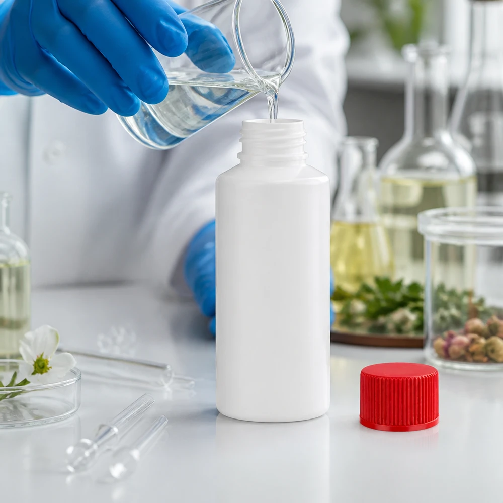 Apothekenflasche HDPE 30ml weiß, mit rotem Schraubverschluss Kompakte weiße HDPE Rundschulterflasche 30ml mit rotem Verschluss umgeben von Laborglas und Kräutern