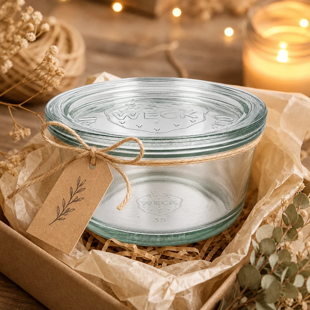 WECK RR120 Gourmetglas 450ml als Geschenkverpackung mit Kraftpapier Anhänger und rustikaler Dekoration