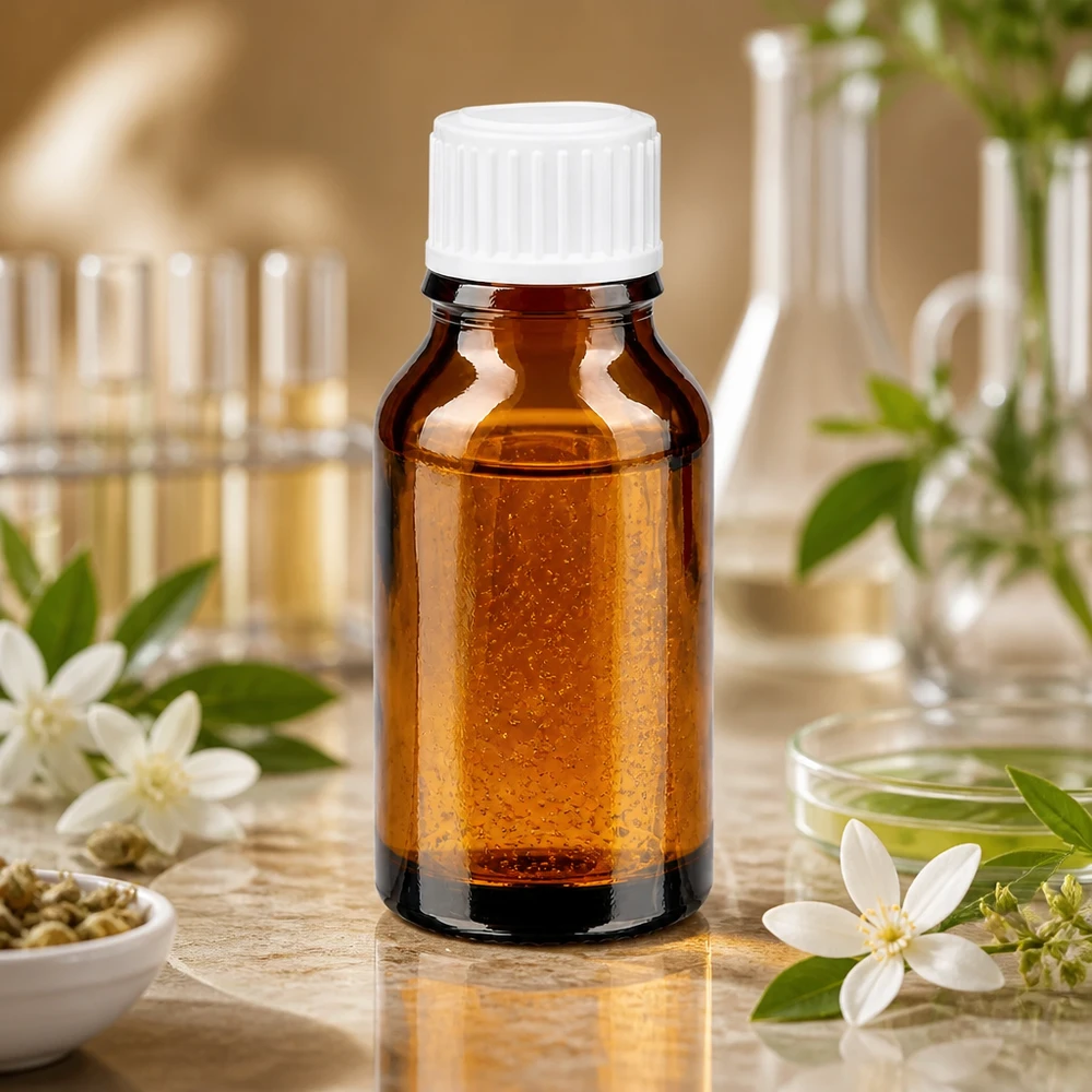 Kleine braune Apothekenflasche 15ml umgeben von weißen Blüten und Kräutern auf Marmoroberfläche