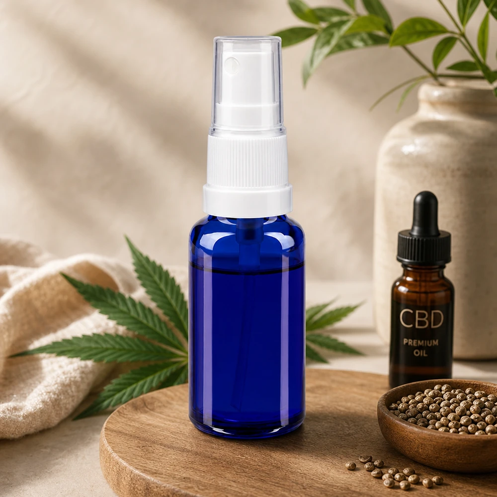 Apothekenflasche blau 20ml Sprayaufsatz weiß Kobaltblaue 20ml Apothekersprayflasche mit Pumpzerstäuber auf Holztablett mit Hanfsamen