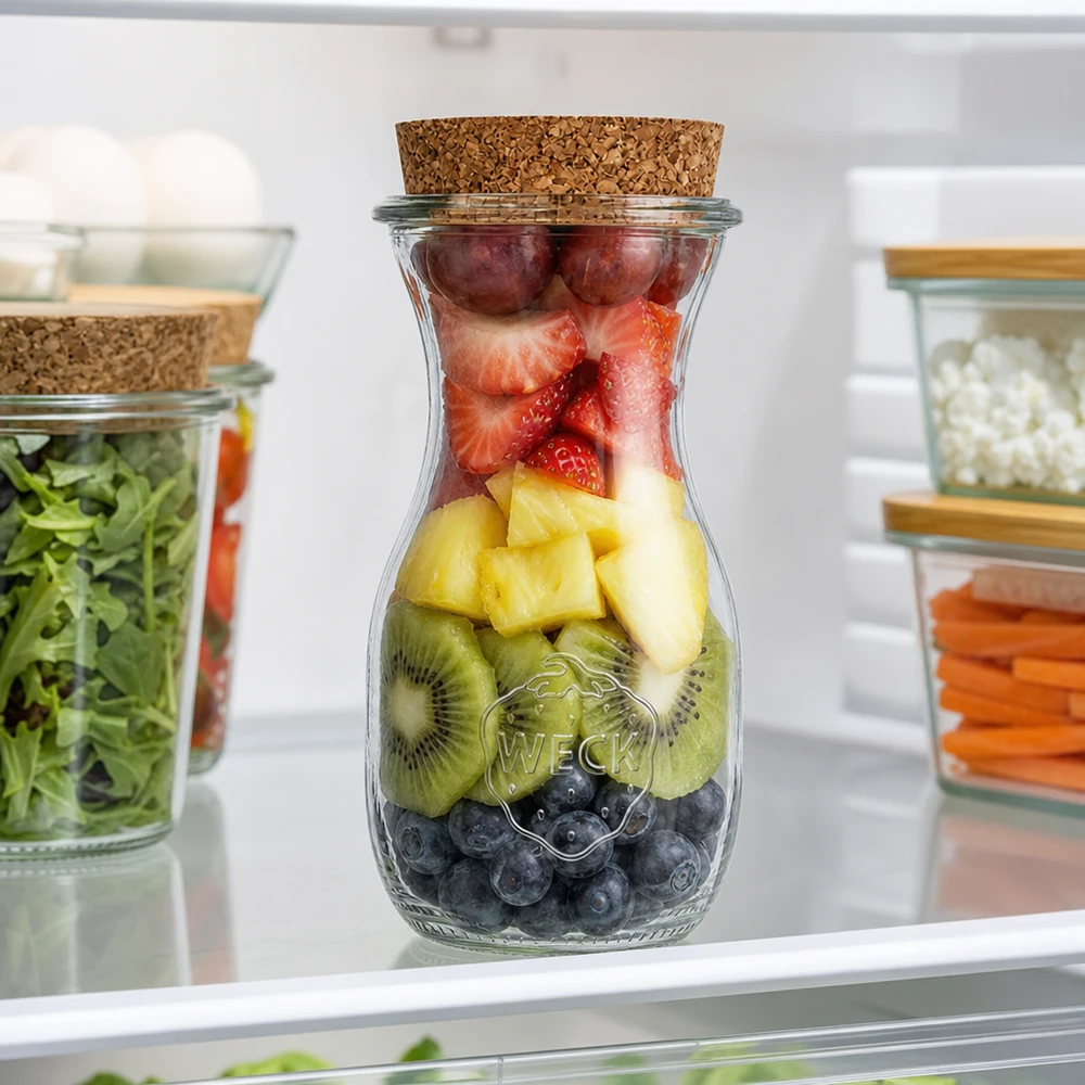 290ml Saftflasche WECK RR60 mit Korken natur WECK Saftflasche 290ml RR60 mit Früchte-Mix Blaubeeren Kiwi Ananas Erdbeeren im Kühlschrank Meal Prep
