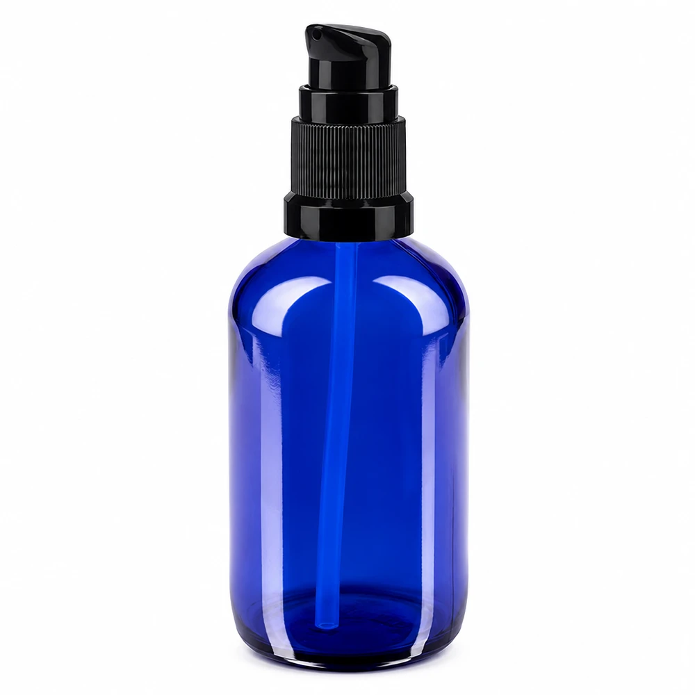 Apothekenflasche blau 100ml PumpVerschluss schwarz Standard Blaue Pumpflasche 100ml STD ApoGlas mit schwarzem Pumpkopf Seitenansicht