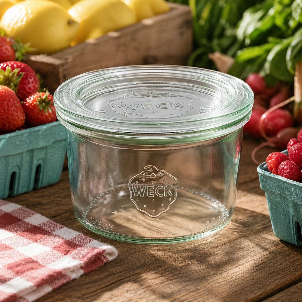 WECK Einmachglas 200ml RR80 in natürlicher Küchenumgebung mit frischen Früchten und Gemüse dekoriert