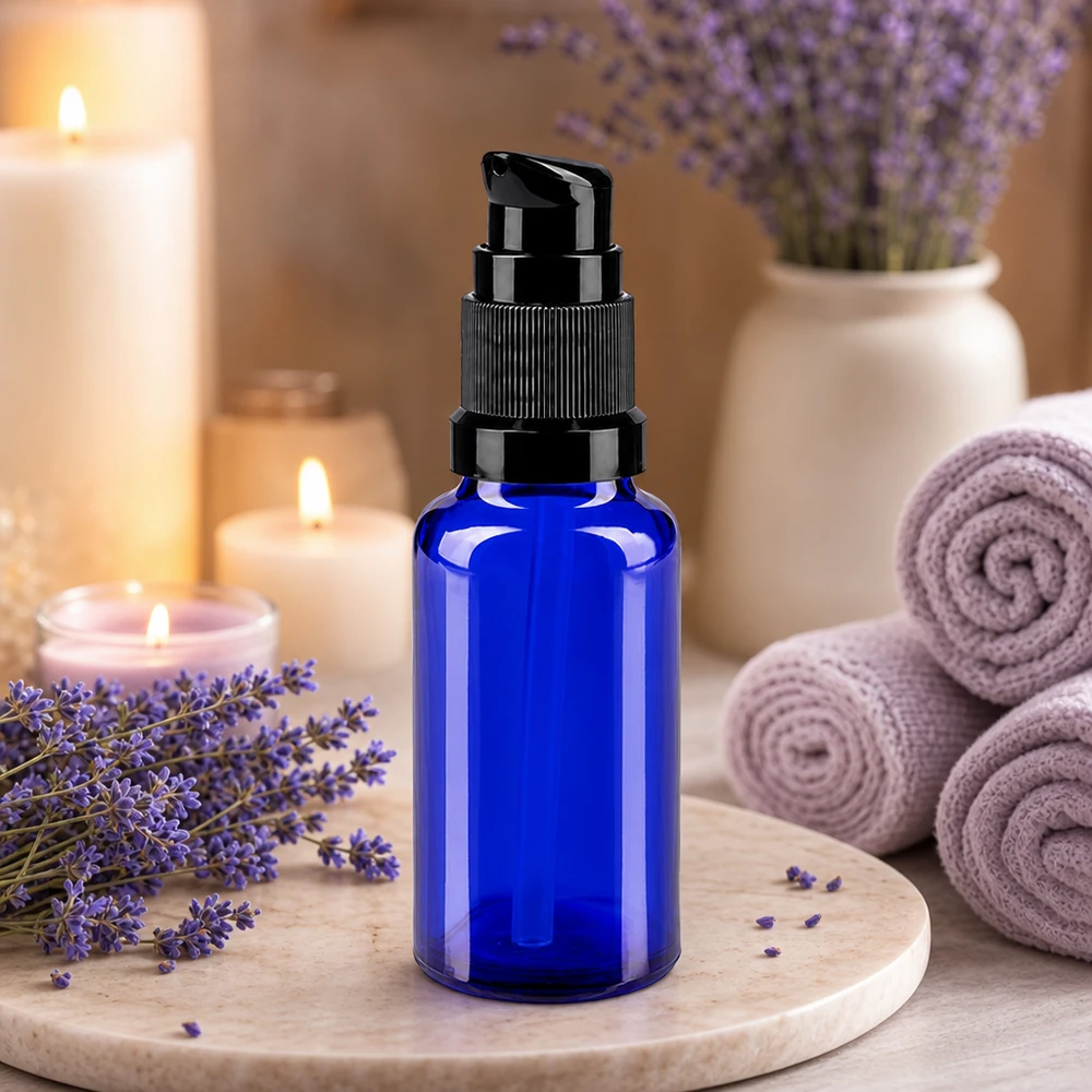 Apothekenflasche blau 20ml PumpVerschluss schwarz Standard Kobaltblaue 20ml Glasflasche mit schwarzer Standardpumpe ideal für ätherische Öle