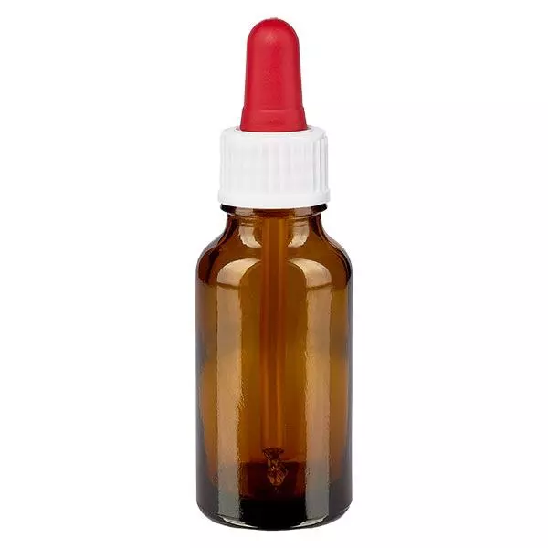 Apothekenflasche braun 20ml Pipette weiß/rot Standard Apothekenflasche braun 20ml Pipette weiß/rot Standard