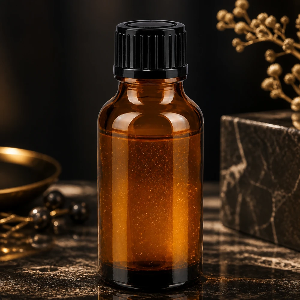 Apothekenflasche braun 20ml Tropfverschluss 1mm schwarz Standard 20ml STD Braunglasflasche mit 1mm Tropföffnung und schwarzem Verschluss auf dunklem Marmor