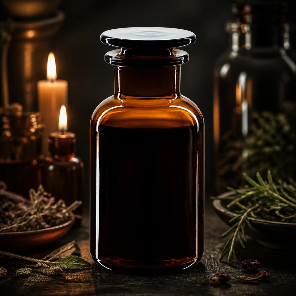 Medizinflasche Braunglas 250ml breiter Hals mit Glasstopfen dunkle Atmosphäre Kräuter