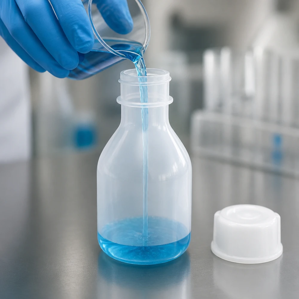 20ml Schraubflasche, Enghals Laborflasche 20ml Enghals Laborflasche aus PE wird mit blauer chemischer Lösung in Laborumgebung befüllt