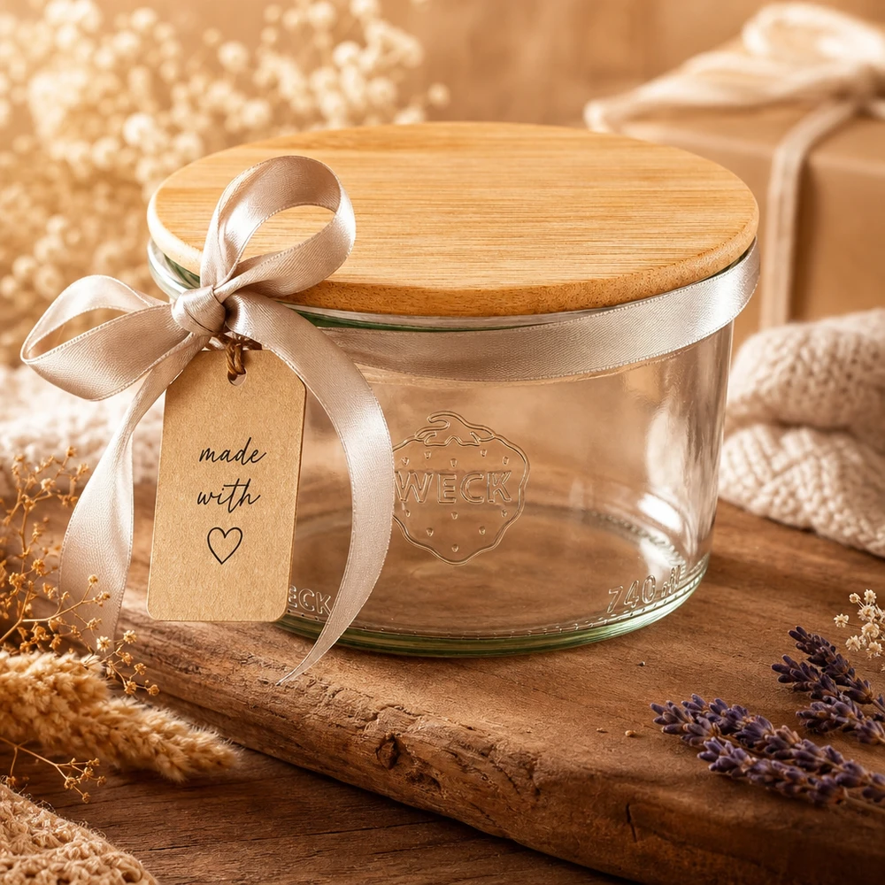 200ml Sturzglas WECK RR80 mit Holzdeckel WECK Sturzglas 200ml mit Bambus-Deckel und Schleifenband als Geschenkidee in warmem Ambiente mit Lavendel