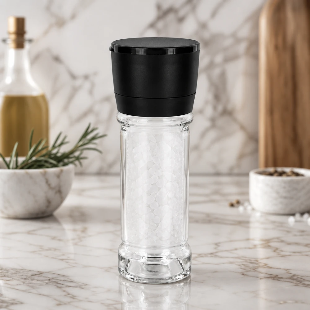 Salz-/Gewürzglas 100ml mit Mühle Vario schwarz Transparentes Gewürzglas 100ml mit schwarzem Mahlwerk Vario in modernem Küchenambiente