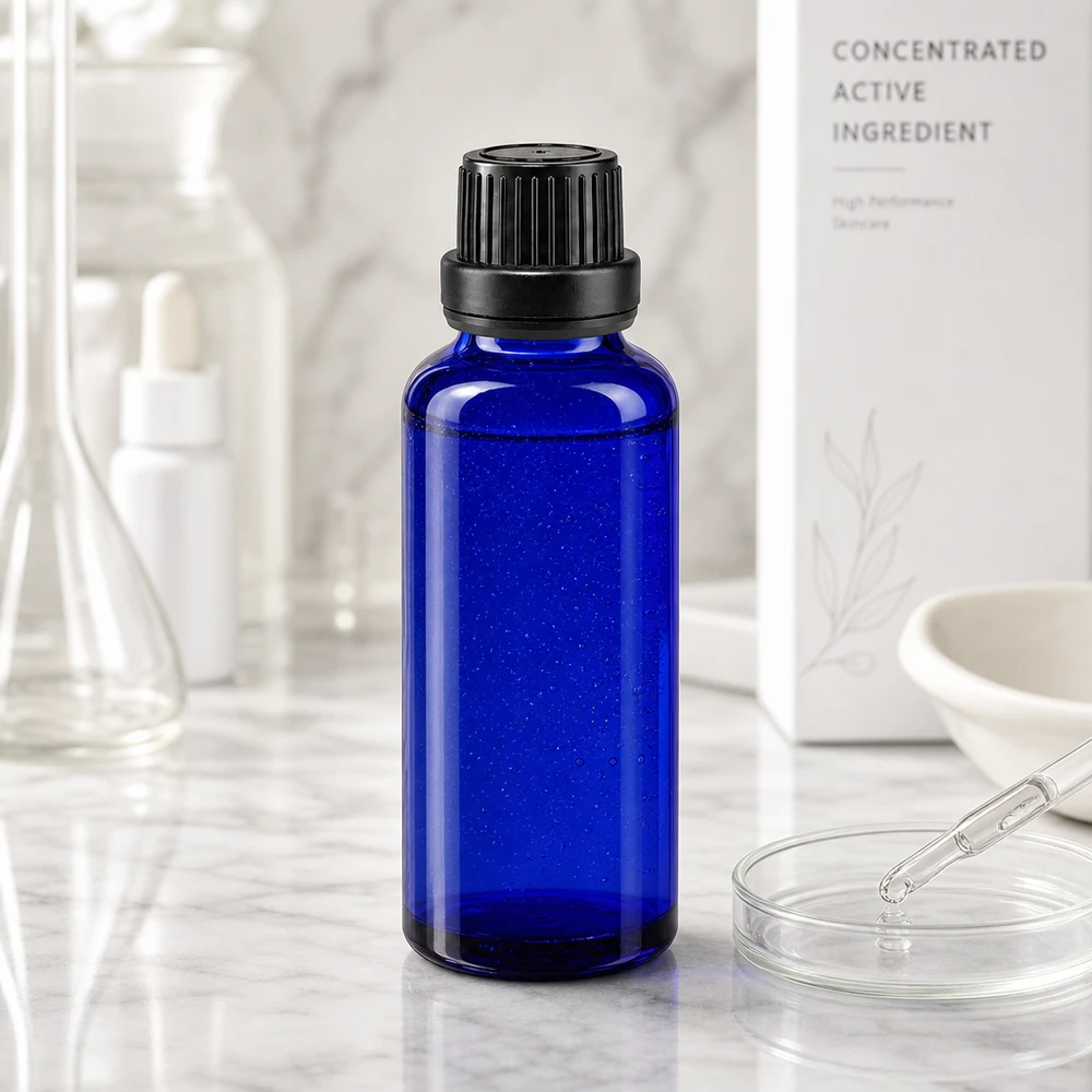 Apothekenflasche blau 30ml Tropfverschluss Giessring 2mm schwarz Originalitätsverschluss Kobaltblaue Tropfflasche 30ml ApoGlas mit schwarzem Schraubverschluss im Labor Setting