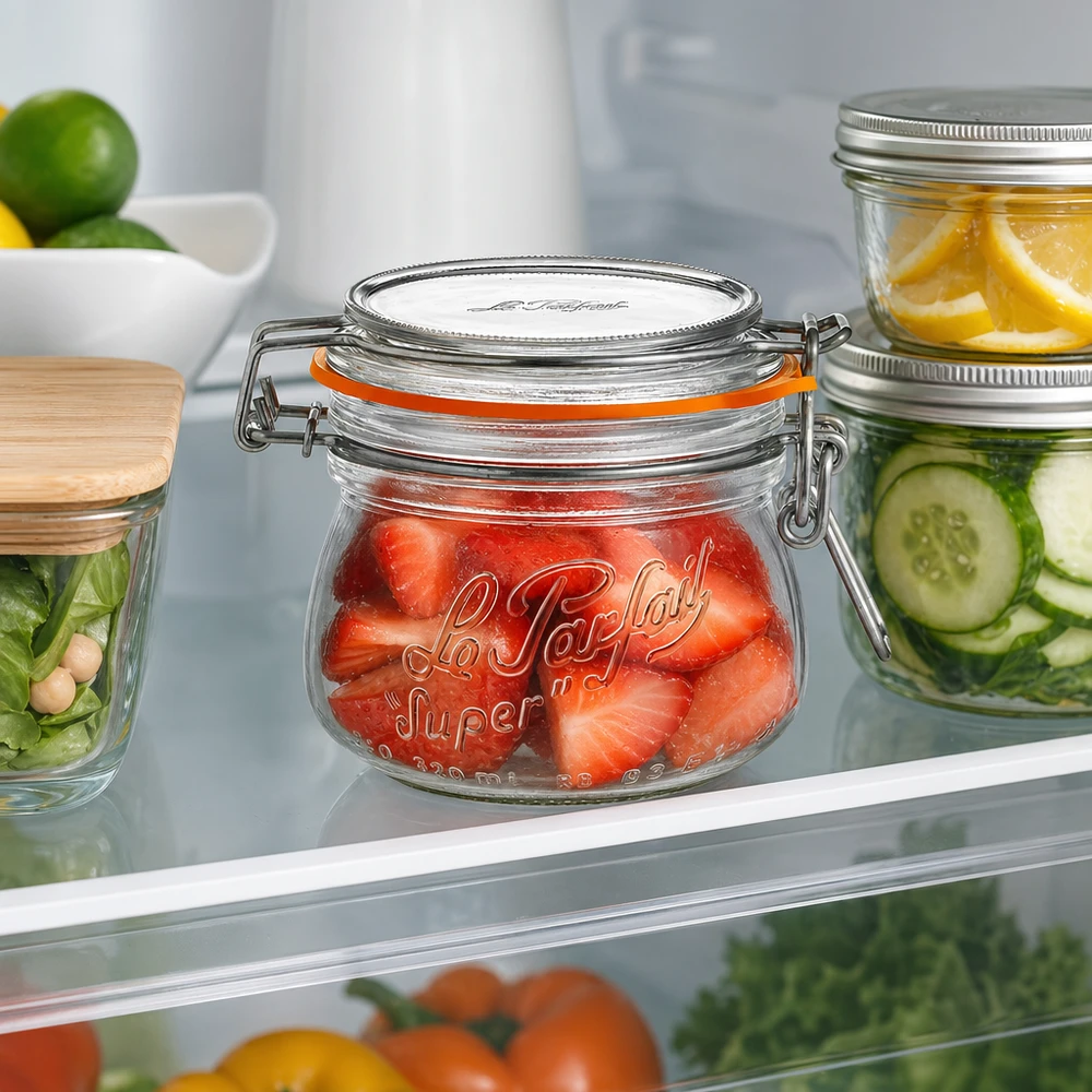 250ml Le Parfait Super Vorratsglas mit Bügelverschluss gefüllt mit Erdbeeren im Kühlschrank neben anderen Gläsern