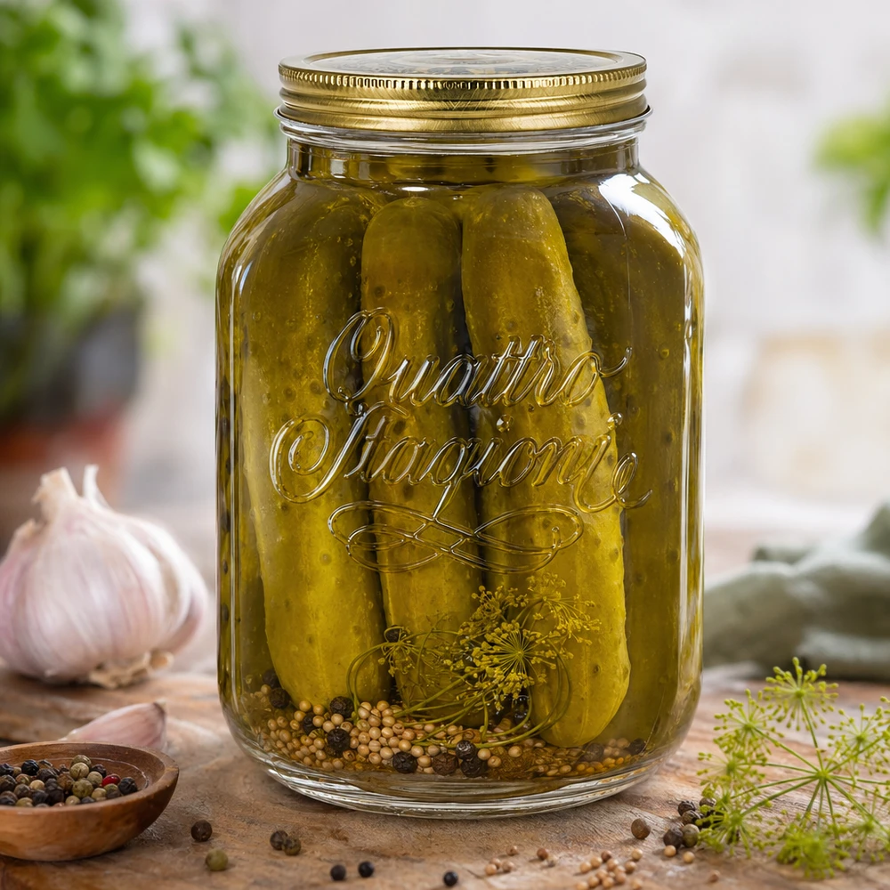 3000ml Quattro Stagioni Einmachglas mit eingelegten Gurken Gewürzen und Dill zeigt perfekte Konservierung