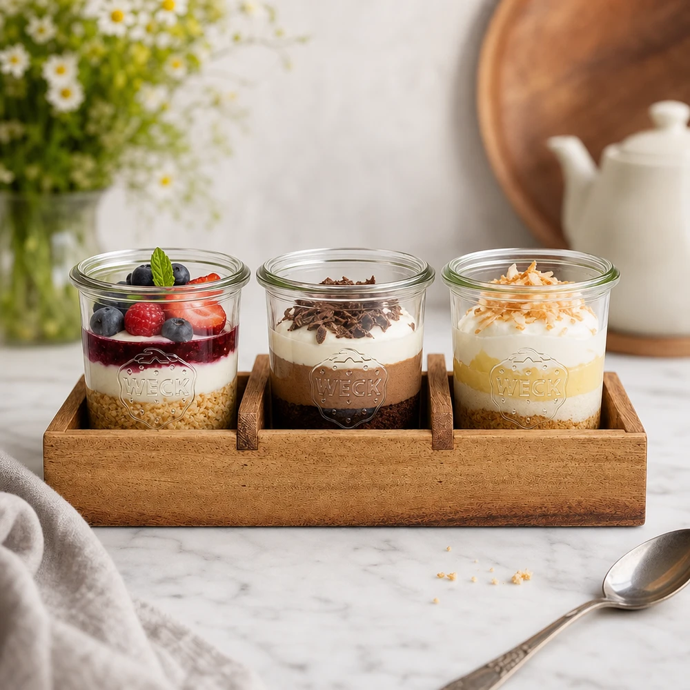 Servierbrett Box3 Akazienholz für 3 WECK Sturzgl. Akazienholz Servierbrett Box3 mit drei WECK Gläsern Dessert Joghurt Beeren Schokolade Kokosnuss Küchenpräsentation