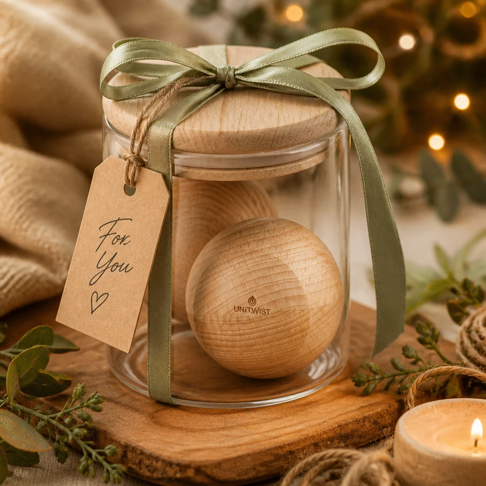 UNiTWIST Holzkugel Buche WECK RR80 als Geschenk im Glas mit grüner Schleife und For You Anhänger dekoriert