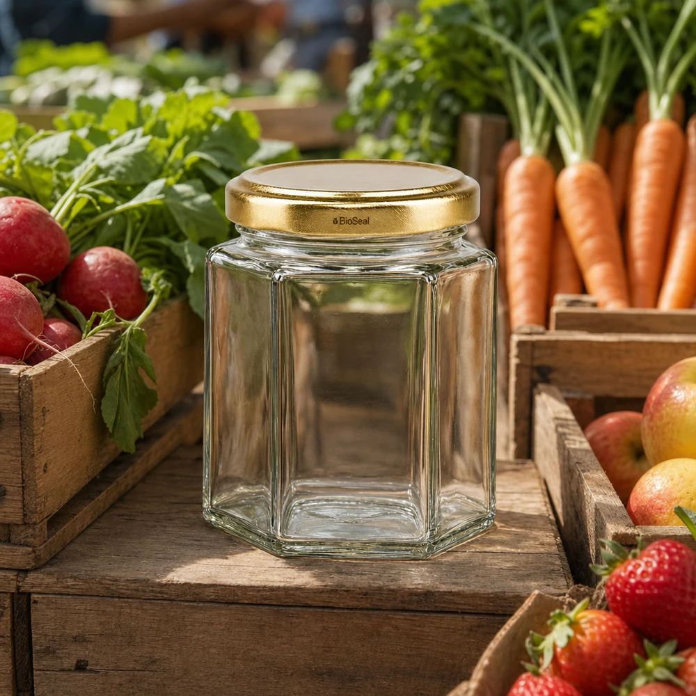 UNiTWIST Hexa196 Einmachglas mit goldenem TO58 BioSeal Deckel auf Marktstand zwischen frischem Gemüse und Obst