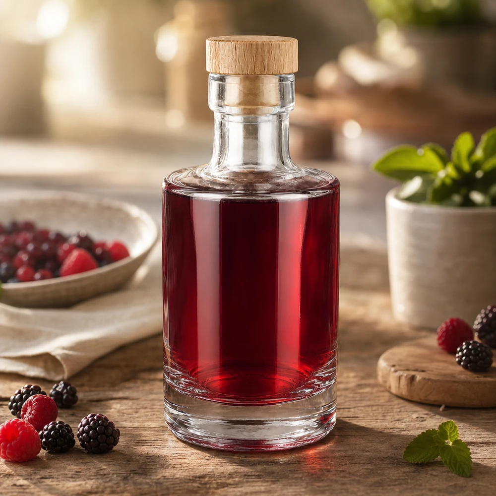200ml Glasflasche "Marie" mit Holzgriff-Korken UNiTWIST 200ml Glasflasche Marie mit Beerenlikör gefüllt, Holzkorken-Verschluss, dekoriert mit Himbeeren und Brombeeren auf rusti