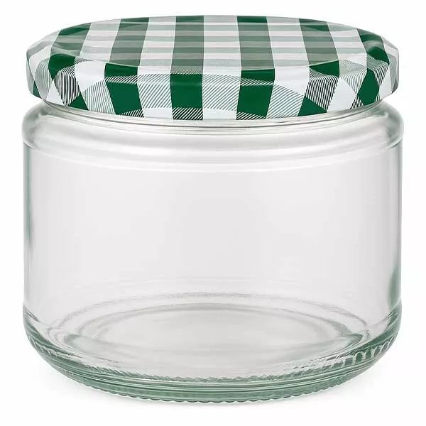 330ml Rundglas mit grün-weiß kariertem BasicSeal Deckel, leeres Einmachglas für Lebensmittel und Konserven