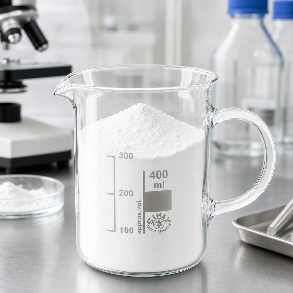 Becherglas 400ml Borosilikatglas, mit Henkel Becherglas 400ml mit Henkel neben Mikroskop und Laborflaschen auf Edelstahltisch