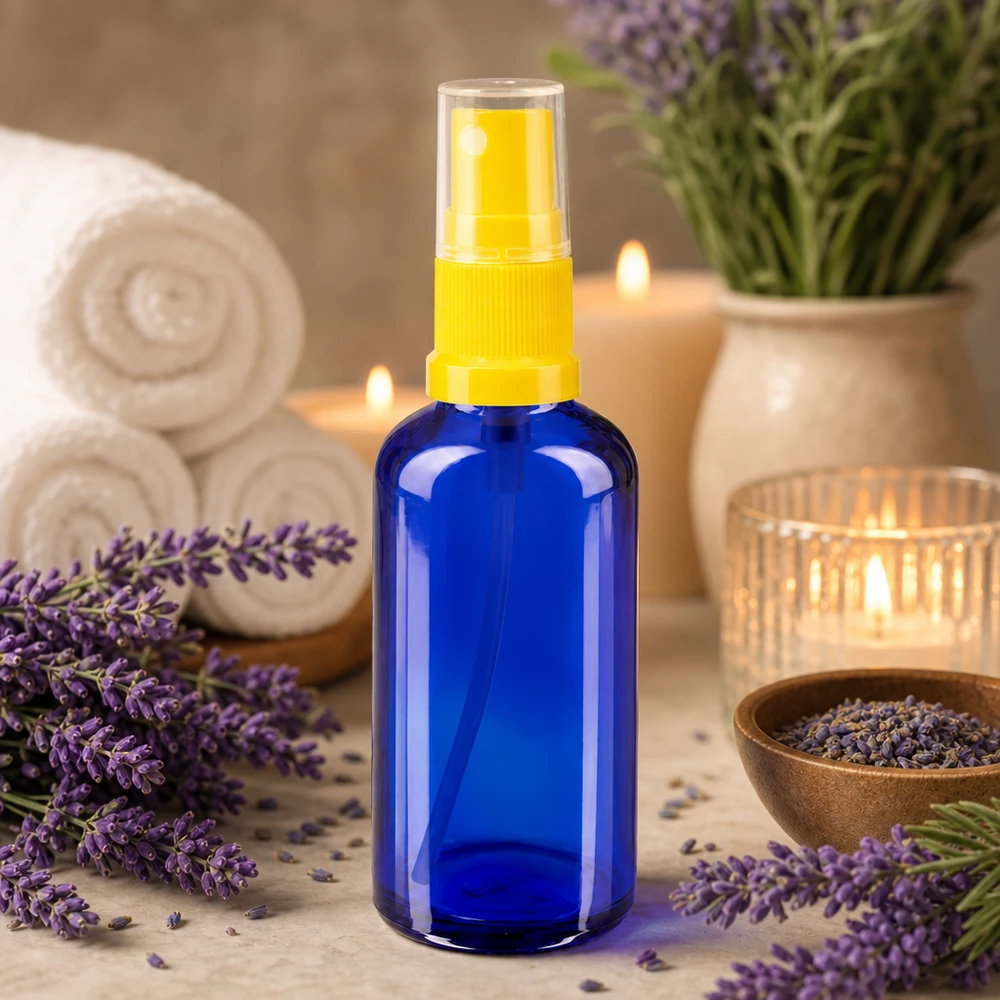 Apothekenflasche blau 50ml Sprayaufsatz gelb Zerstäuberflasche aus Blauglas 50ml mit gelbem Pumpaufsatz in entspannender Spa-Atmosphäre