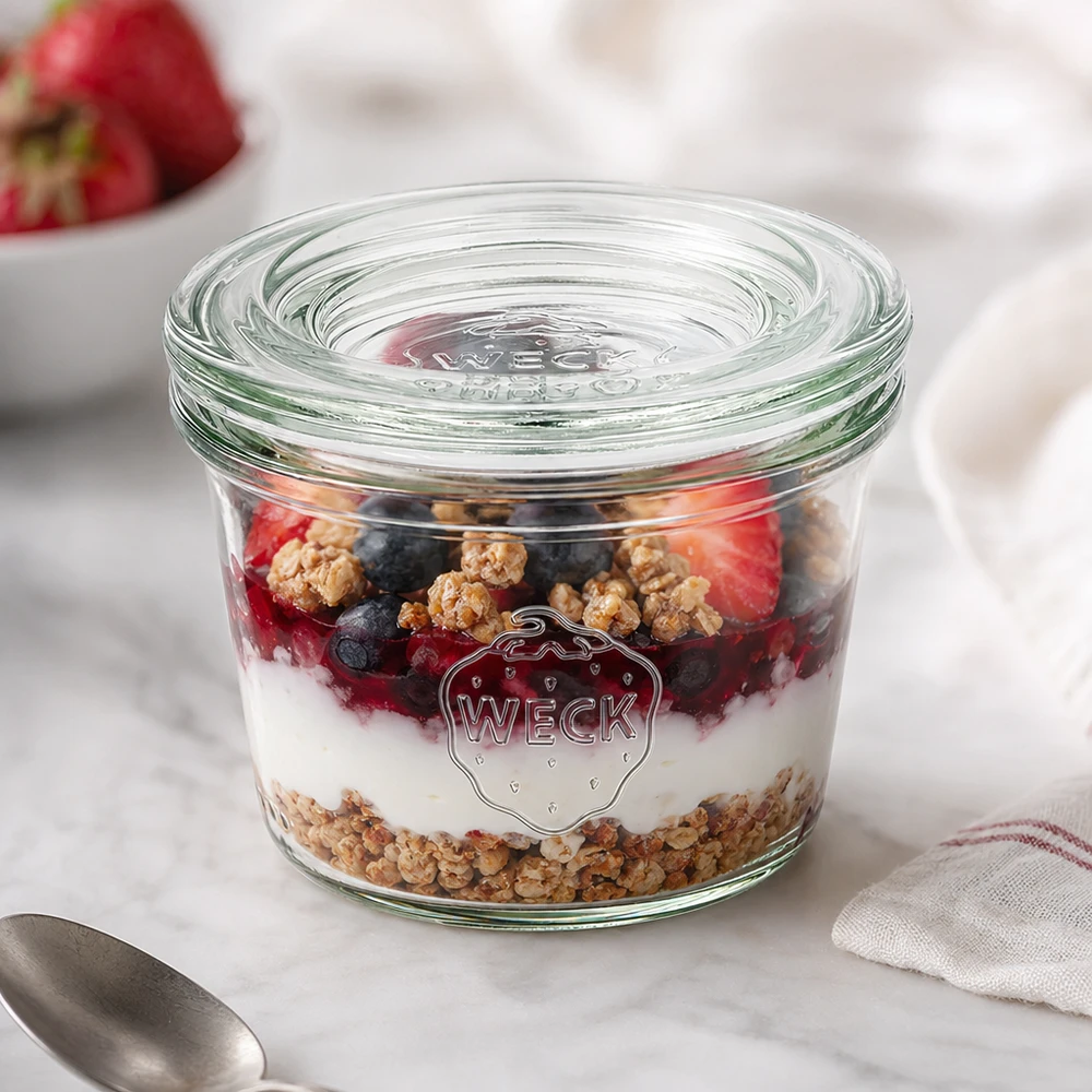 WECK Sturzglas 35ml RR40 mit Joghurt Müsli und Beeren als Dessert im Glas auf weißer Marmorplatte dekoriert