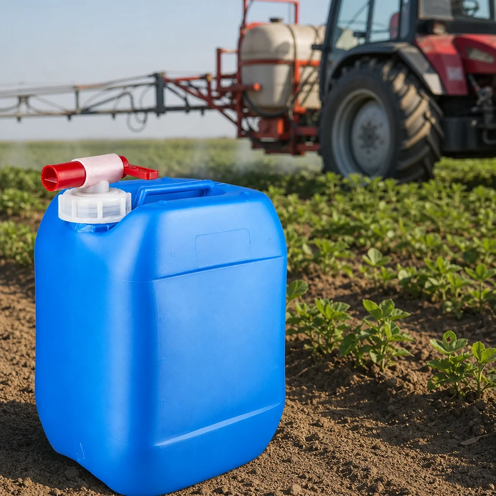 Quadratischer Kunststoffkanister 10 Liter Blau mit rotem Zapfhahn auf Agrarfeld