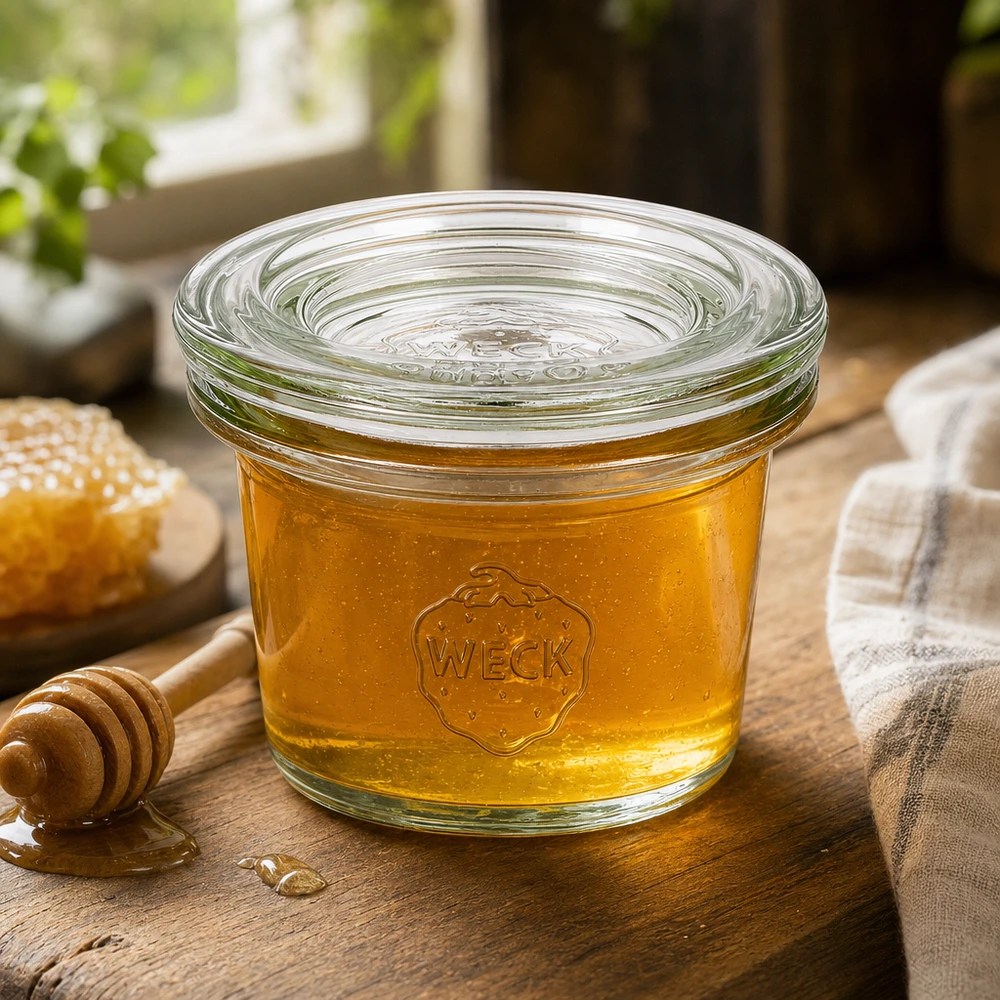 WECK Sturzglas 35ml RR40 mit Honig befüllt auf Holzbrett mit Honiglöffel und Waben im natürlichen Ambiente