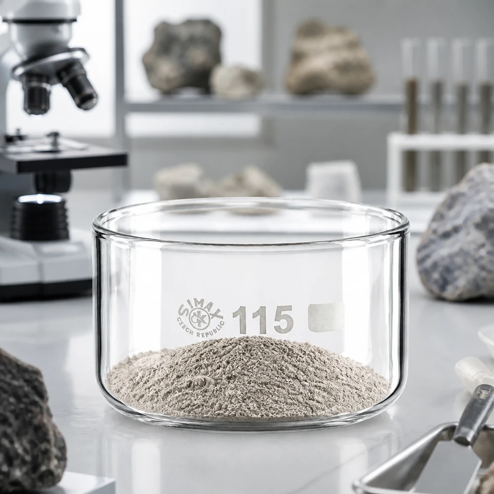 Transparente Borosilikatglas Schale 115mm Durchmesser mit Gesteinspulver im Geologielabor