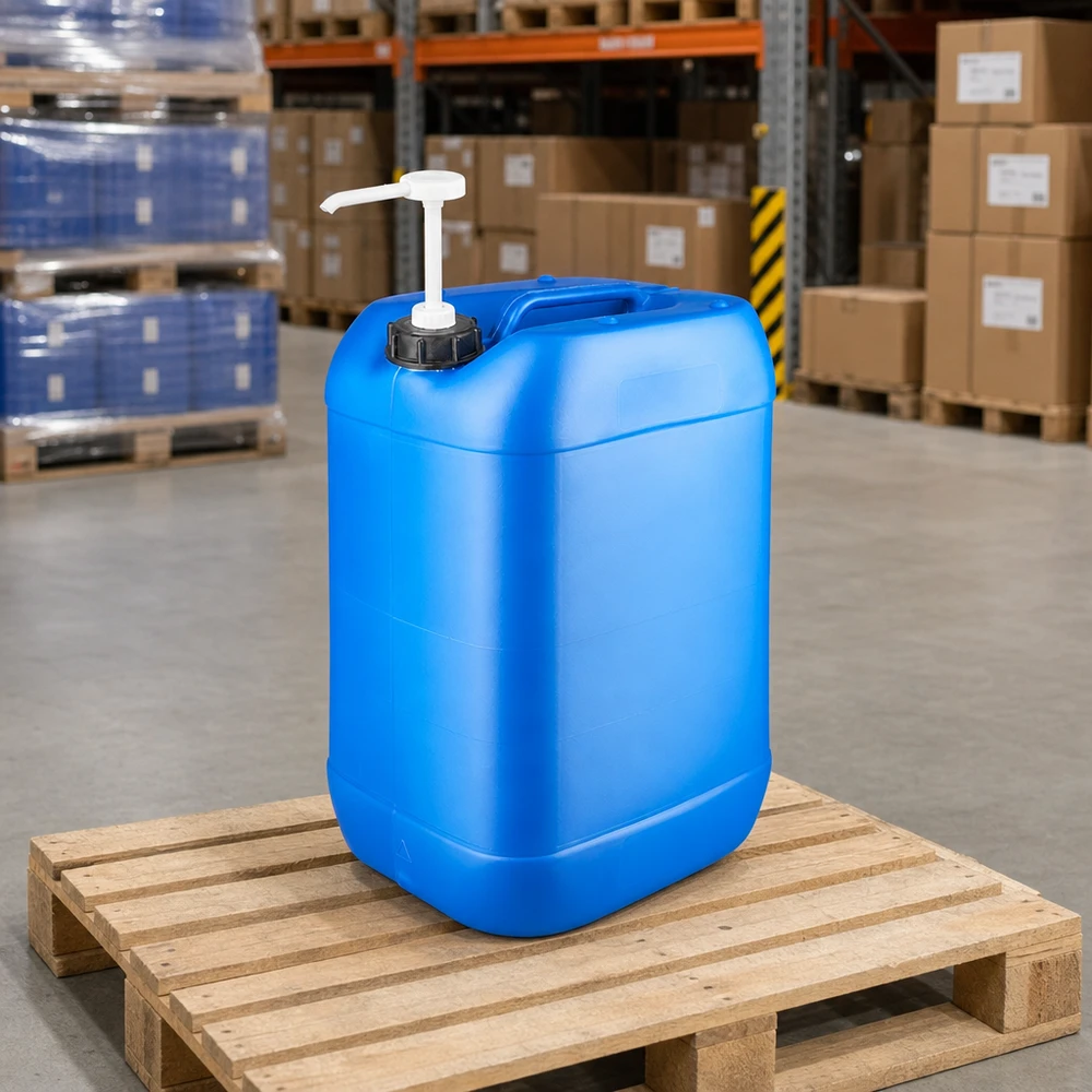 Großer blauer Flüssigkeitskanister 25L mit weißer Pumpe zur Entnahme im Warenlager