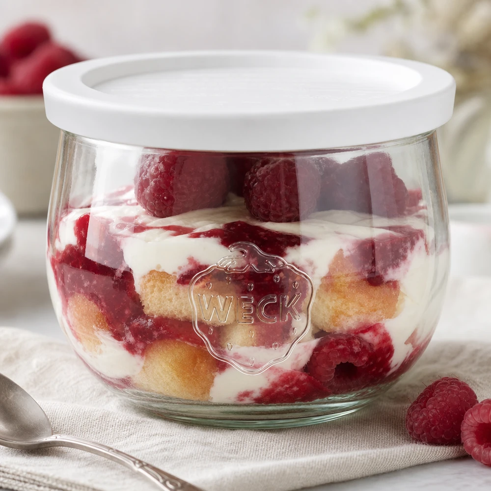 580ml Tulpenglas mit Frischedeckel WECK RR100 WECK Tulpenglas 580ml mit Frischedeckel als Dessertschale für Schichtnachspeise mit Himbeeren und Sahne