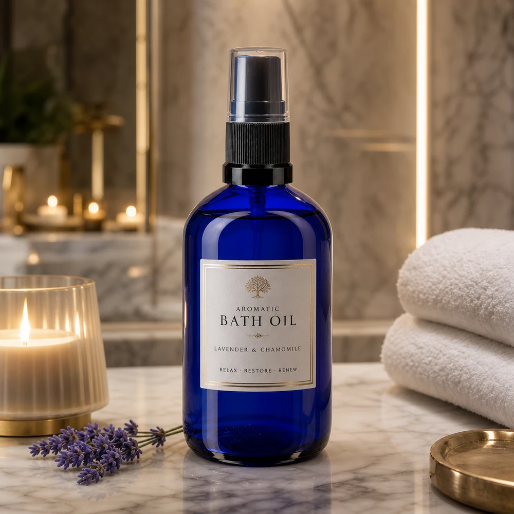 Kobaltblaue 100ml Glassprayflasche mit schwarzem Zerstäuber im luxuriösen Badezimmer-Setting