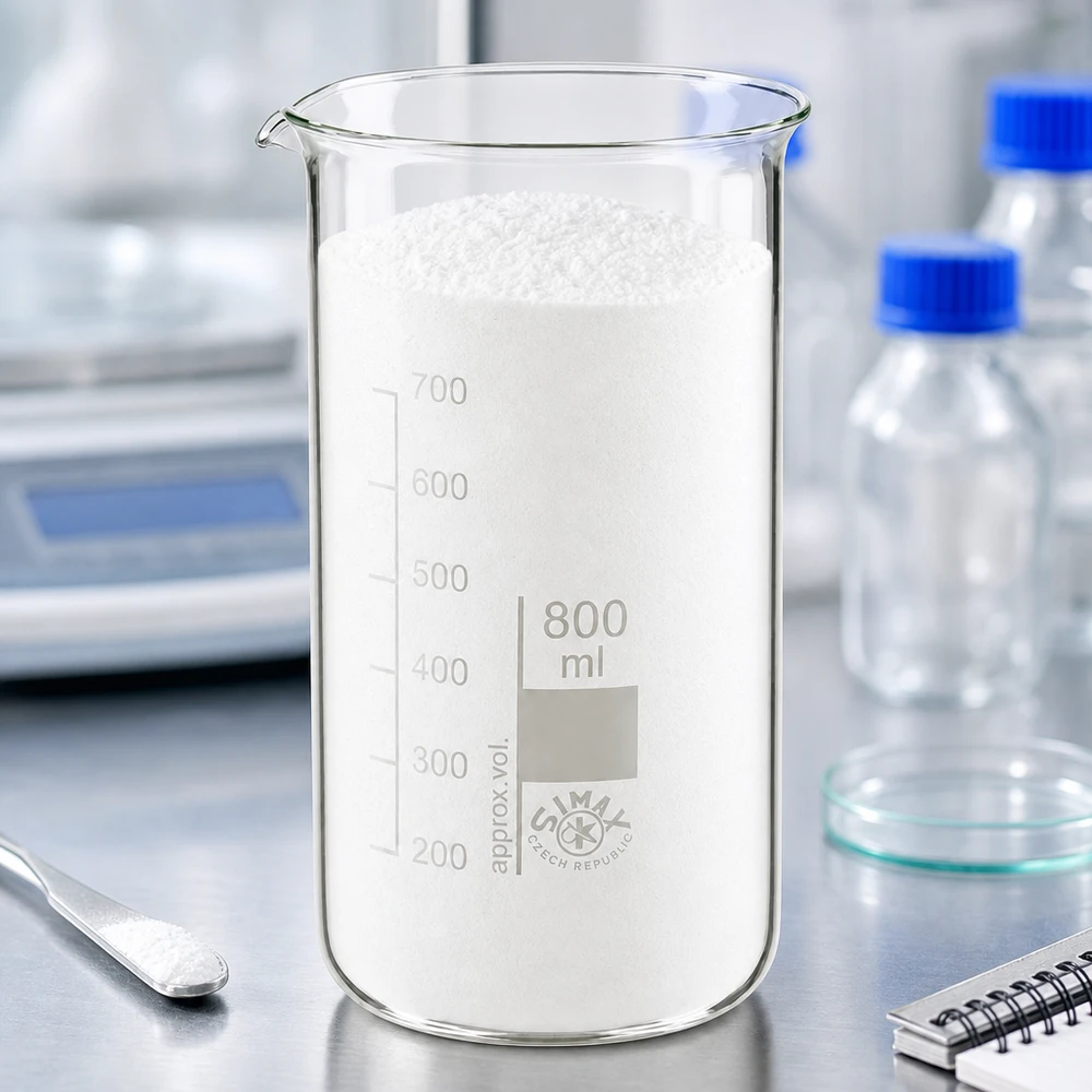 Becherglas 800ml Borosilikatglas, hohe Form Transparentes Becherglas 800ml hohe Form mit feinem weißem Pulver im professionellen Labor