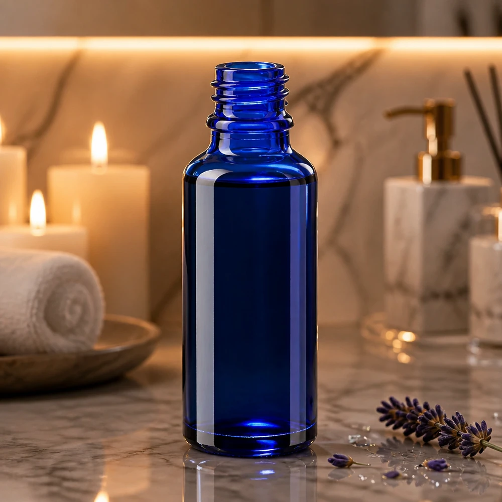Kobaltblaue Apothekenflasche 30ml ApoGlas ohne Verschluss mit sichtbarem Schraubgewinde
