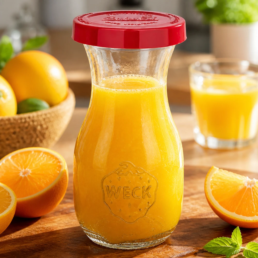 Bauchige WECK Glasflasche 290ml mit RR60 Gewinde und praktischem roten Verschluss