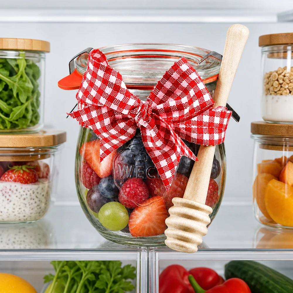 WECK Einmachglas 220ml im Kühlschrank mit frischen Beeren gefüllt, Honiglöffel und roter Dekoration