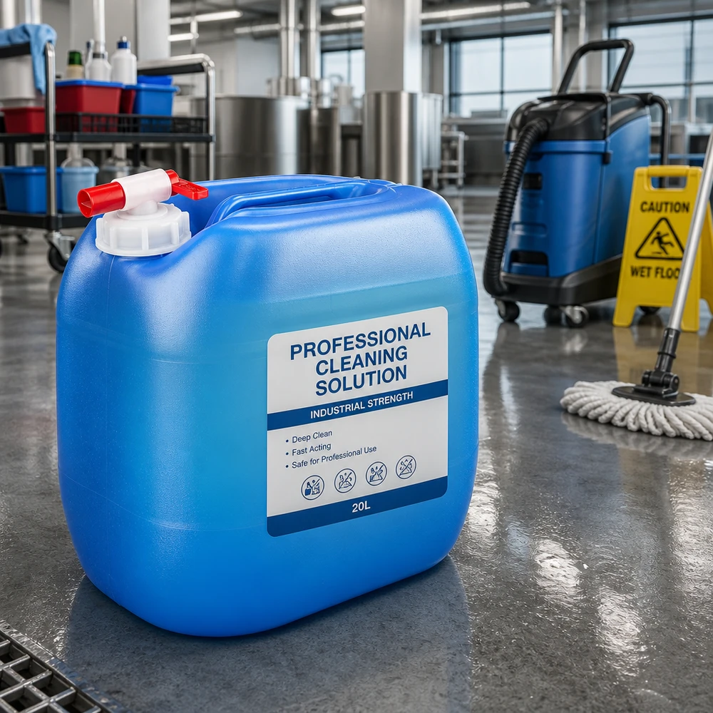 Kanister 30 Liter blau mit Zapfhahn neben Wischmopp und Industriesauger auf Betonboden