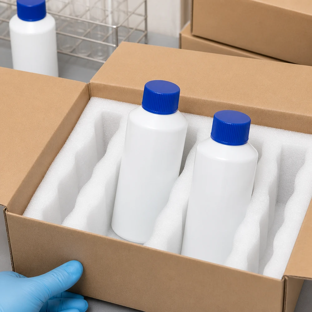 Versandverpackung mit weissen HDPE Flaschen 100ml und blauem Sicherheitsverschluss