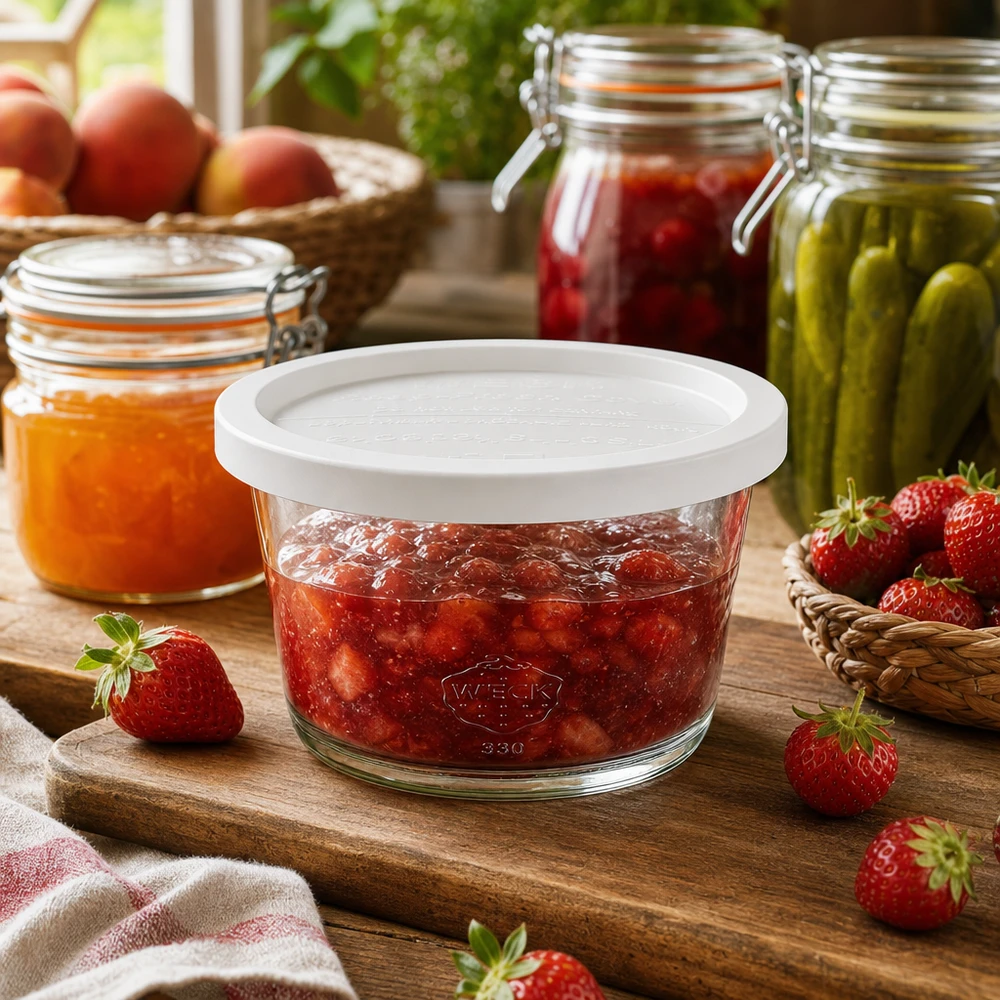 WECK Gourmetglas RR120 450ml mit Erdbeermarmelade gefüllt zwischen anderen Einmachgläsern in rustikaler Küchenszene