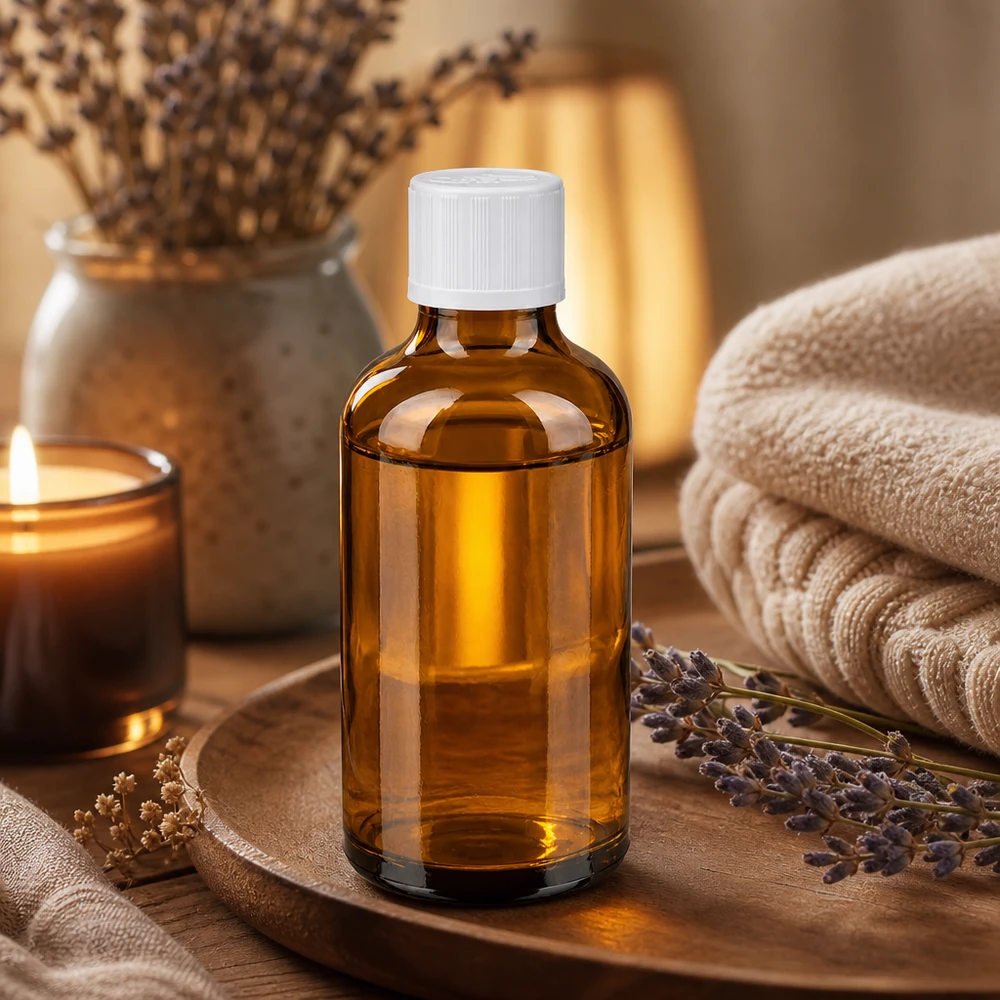 Lichtschutz-Apothekerflasche 50ml braun mit weißem KiSi-Verschluss im Spa-Ambiente