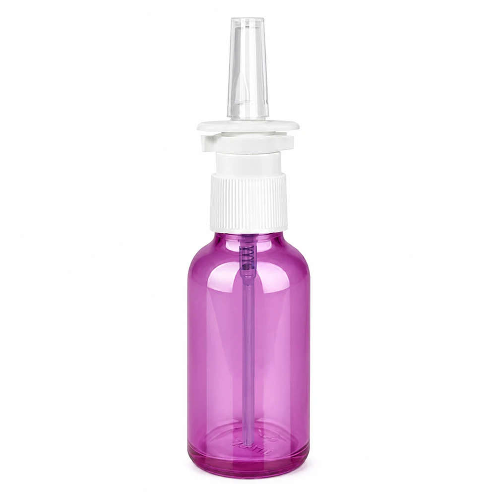 30ml Nasensprayflasche weiß/transparent Standard PurpleLine. UT18/30 Medizinische Sprayflasche aus durchsichtigem lila Kunststoff mit hygienischem weißem Pumpverschluss