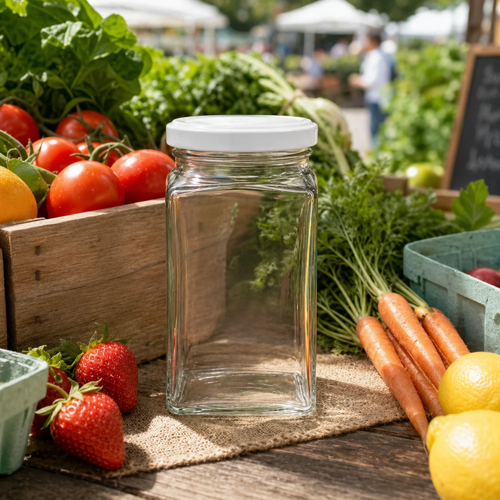 260ml Tetraglas BasicSeal weiß auf Holztisch umgeben von frischem Gemüse und Obst auf Wochenmarkt Atmosphäre
