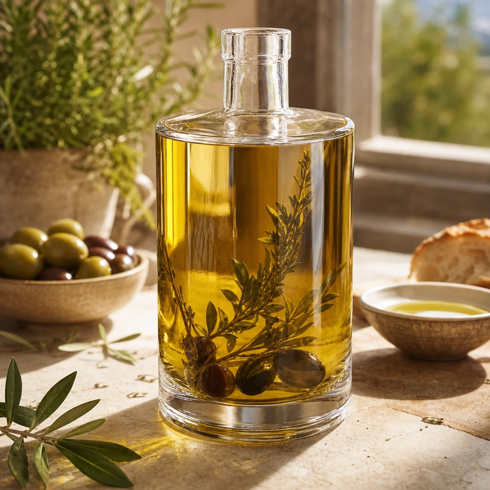 700ml Glasflasche "Galileo" ohne Verschluss UNiTWIST® 700ml Glasflasche Marie mit Olivenöl Kräutern und Oliven befüllt als Dekoflasche auf mediterranem Tisch