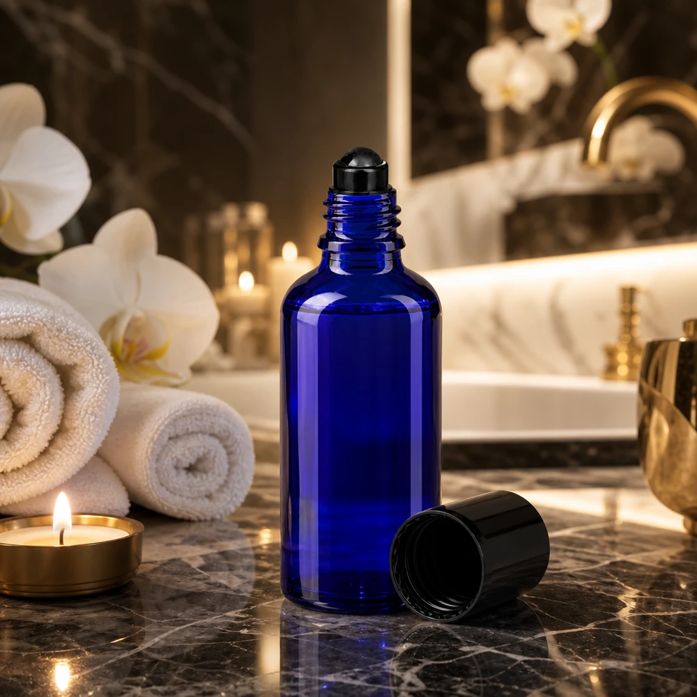 50ml Roll-On Behälter aus kobaltblauem Glas mit schwarzem Schraubverschluss neben Kerze