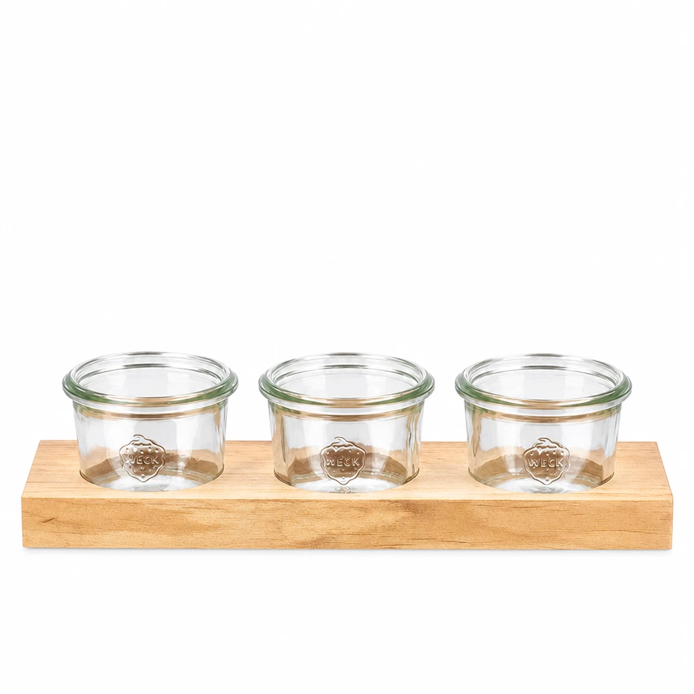 Servierbrett Plano3 aus Holz mit 3 Weck Sturzgläsern 80ml für Dips Gewürze und Snacks