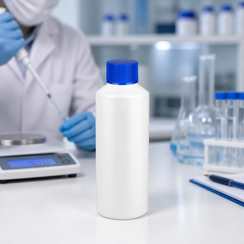 HDPE Apothekenflasche 100ml weiss neben Erlenmeyerkolben und Reagenzgläsern im Labor
