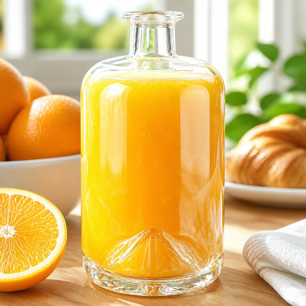 700ml Apothekenflasche "Classic" ohne Verschluss UNiTWIST® 700ml Glasflasche Sofia mit Orangensaft befüllt neben frischen Orangen und Croissants in sonniger Frühstücksszene